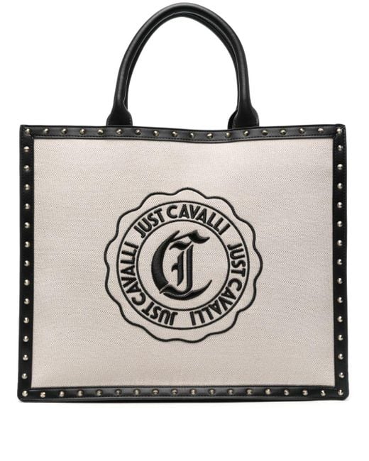 Just Cavalli Black Logo-embroidered Canvas Tote Bag