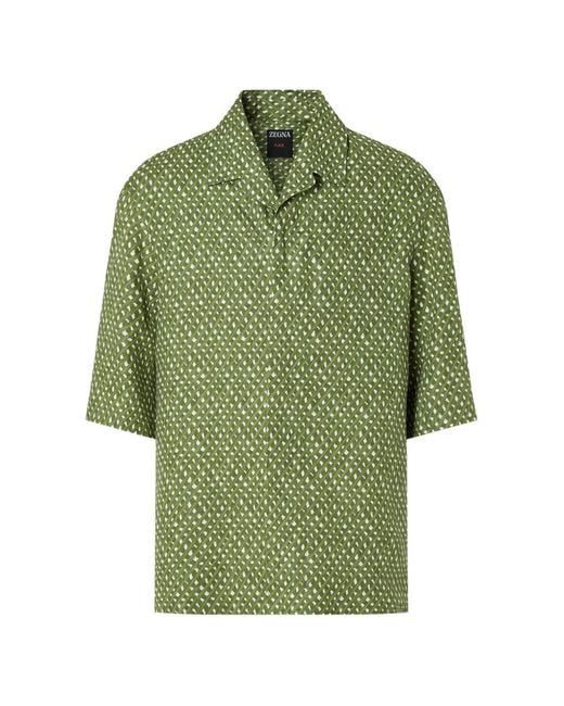 ZEGNA Men's Green Print-Pattern Linen Shirt