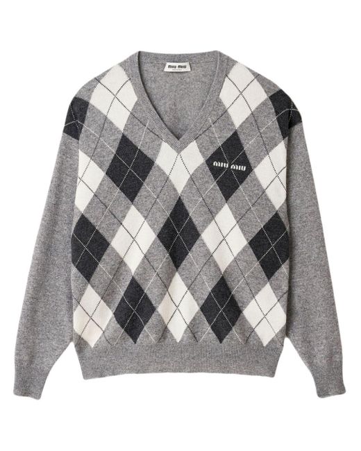 Miu Miu Gray Argyle Cashmere Sweater