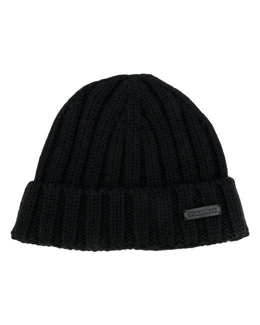 DSquared² Black Ribbed Beanie Hat for men