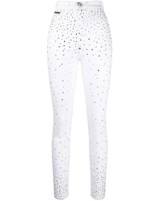 Philipp Plein White Rhinestone-Embellished Skinny Jeans