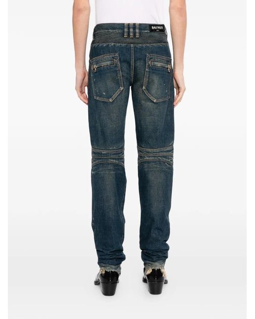 Balmain Blue Biker Distressed Jeans for men