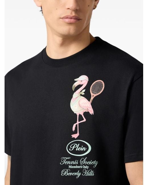 Philipp Plein Black Round Neck T-Shirt Flamingo Tennis Society for men