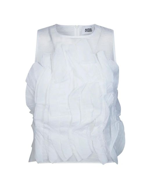 Alpha Studio White Ruffled Sleeveless Cotton Top