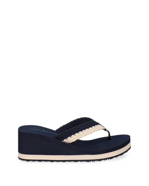 Tommy Hilfiger Blue Crochet-Strap Wedge Flip-Flops