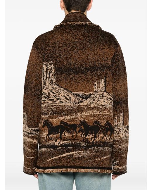 Alanui Brown Landscape-Pattern Fringed Jacket for men