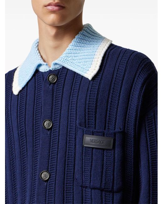 Versace Blue Contrasting Collar Knitted Shirt for men