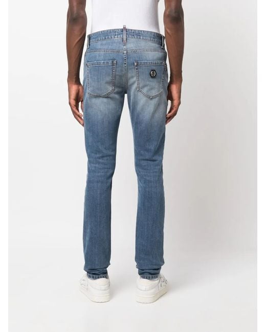 Philipp Plein Blue Logo-Patch Skinny Jeans for men