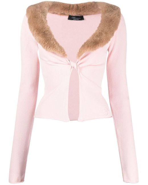 Blumarine Pink Knot-detail Faux-fur Collar Cardigan