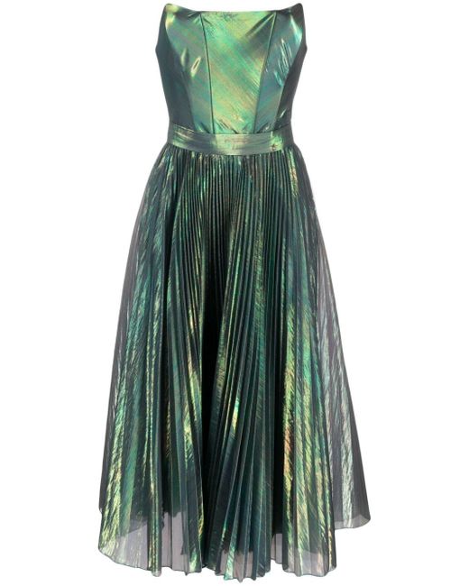 Nissa Green Lamé Pleated Strapless Dress