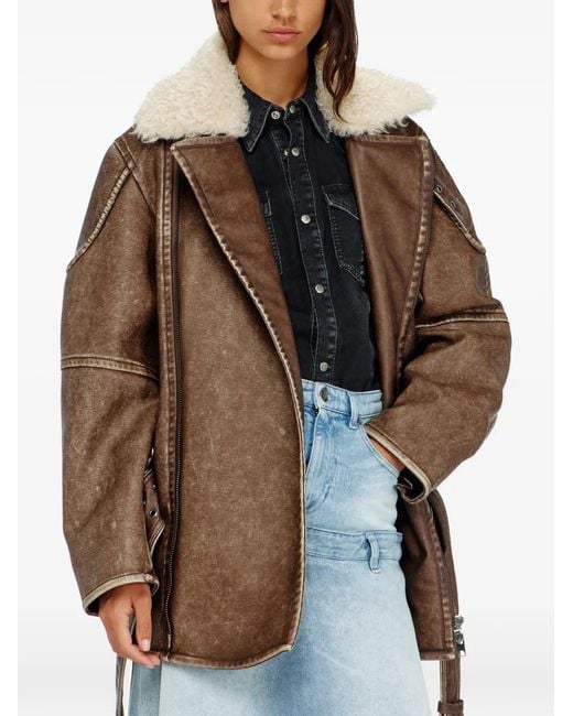 DIESEL Brown Distressed Leather Coat With Plush Shearling Collar