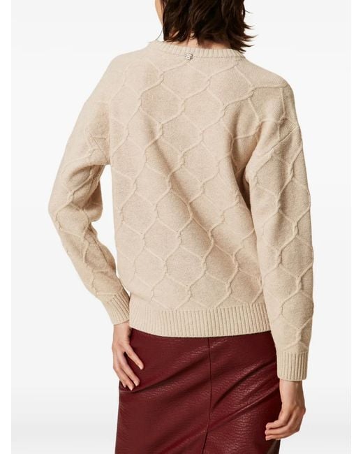 Twinset Natural Floral-Embroidered Diamond-Knit Sweater