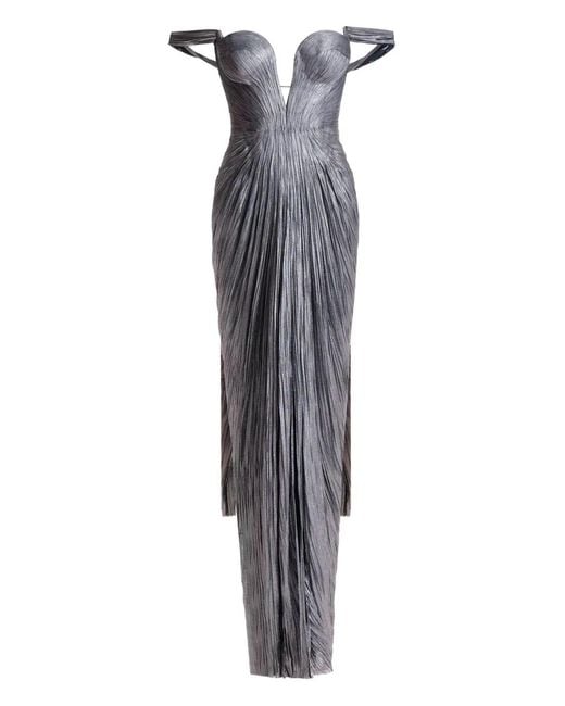 Maria Lucia Hohan Gray Johanna Pleated Off-Shoulder Maxi Dress