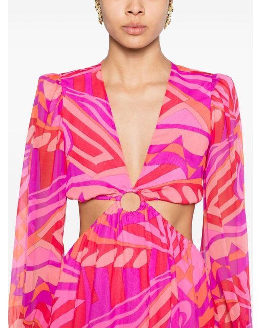 Nissa Pink Abstract-print Cut-out Minidress