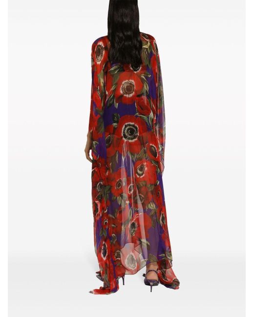 Dolce & Gabbana Red Seidenkaftan mit Blumen-Print