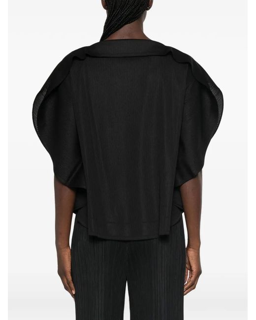Pleats Please Issey Miyake Black Pleated Cape-Sleeve T-Shirt