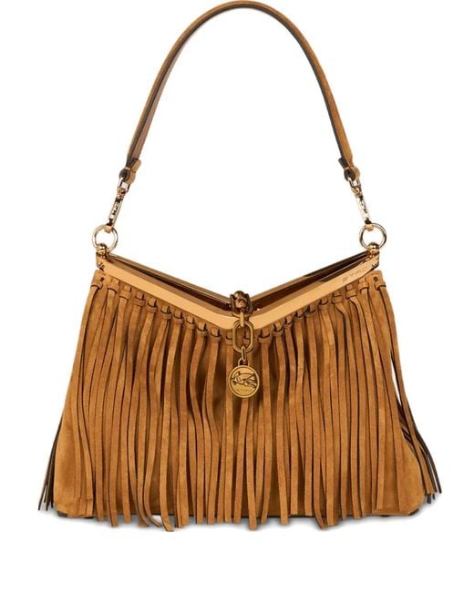 Etro Brown Medium Suede Vela Bag With Fringing