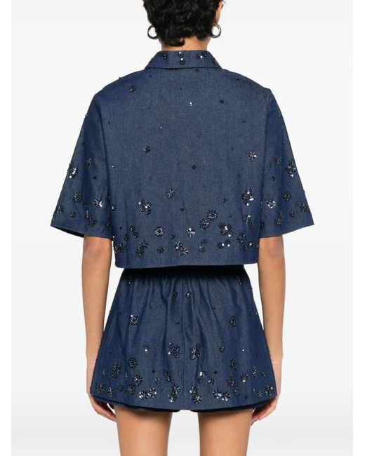 Maje Blue Embroidered Cropped Denim Shirt