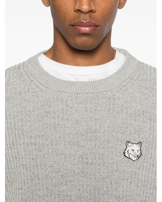 Maison Kitsuné Gray Ribbed Logo-Patch Sweater for men