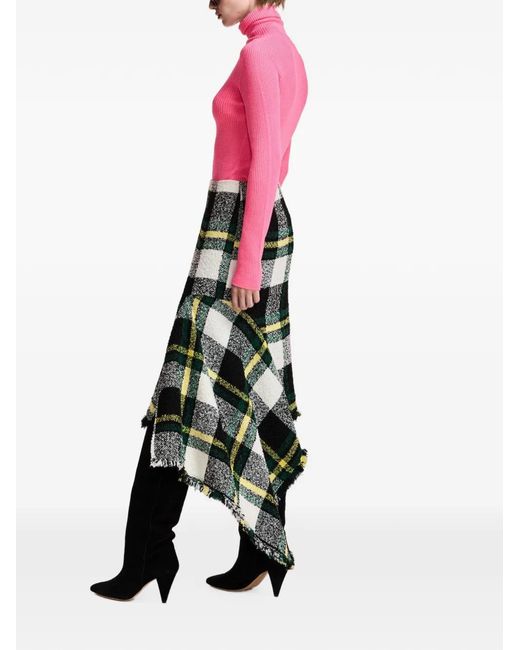 Essentiel Antwerp Green Checked Frayed-Edge Midi Skirt