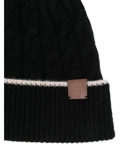 Eleventy Black Cable-Knit Leather-Patch Beanie Hat for men