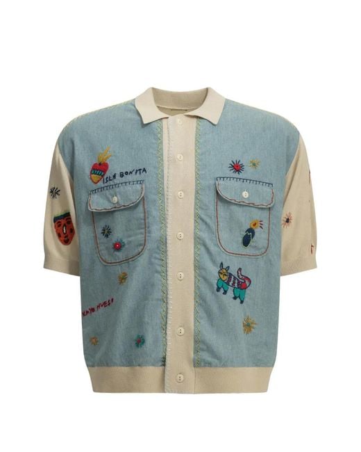 Kapital Blue Embroidered Denim-Panel Polo Shirt for men