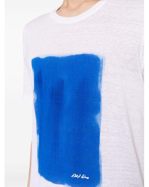 120% Lino Blue Paint-print Linen T-shirt for men