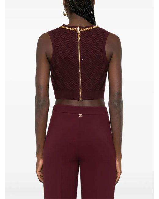 Elisabetta Franchi Red Burgundy Knit Top With Diamond Pattern And Jewel Detail