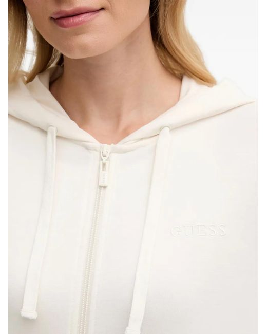 Guess White Logo-Embroidered Zip-Up Hoodie
