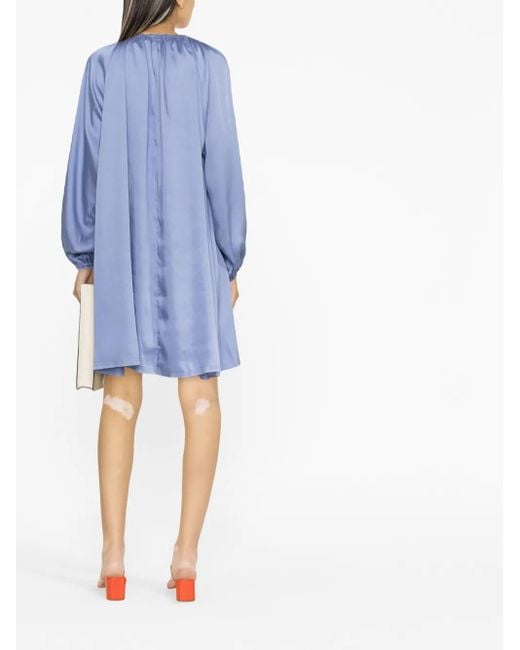 Blanca Vita Blue Gathered-Detail Long-Sleeve Dress