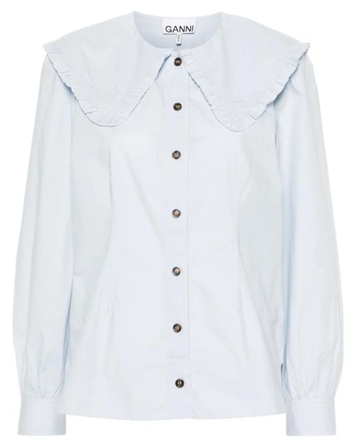Ganni Blue Frill Collar Organic Cotton Shirt