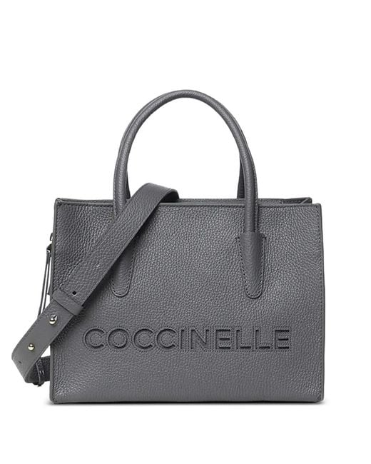 Coccinelle Gray Logo-Embossed Leather Tote Bag