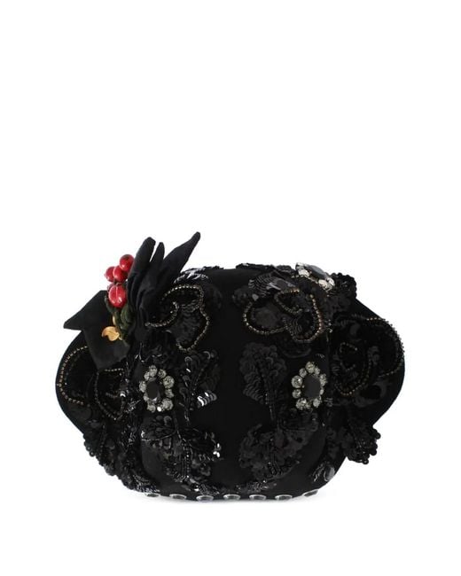 Dolce & Gabbana Black Crystal-Embellished Brooch-Detail Hat