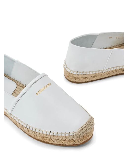 Ferragamo White Logo-Print Leather Espadrilles