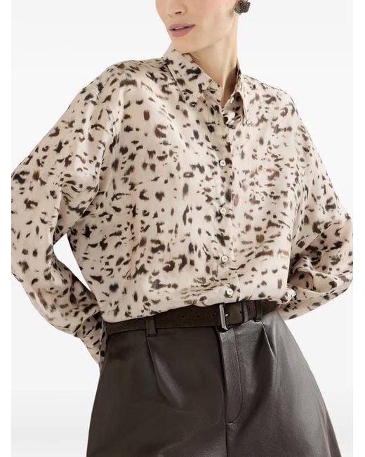Brunello Cucinelli White Lynx Print Silk Pongee Shirt With Monili