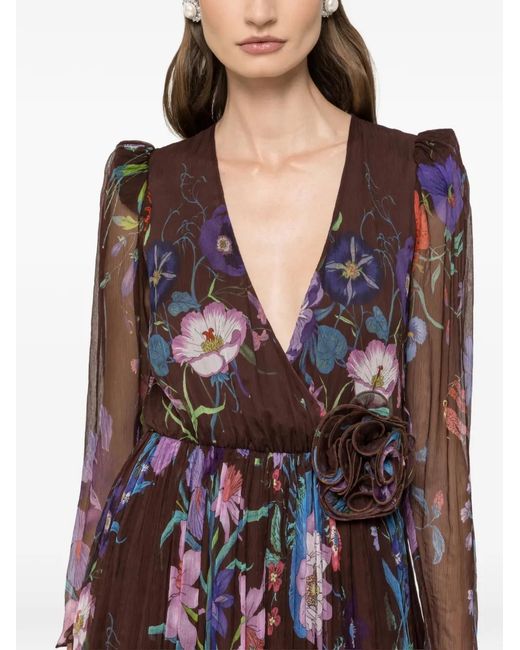 Nissa Brown Floral-Appliqué Midi Dress
