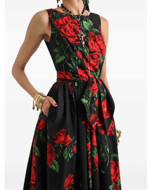 Dolce & Gabbana Red Rose-Print Poplin Midi Dress