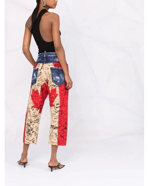 DSquared² Red Maple Leaf Graffiti-Print Cropped Jeans