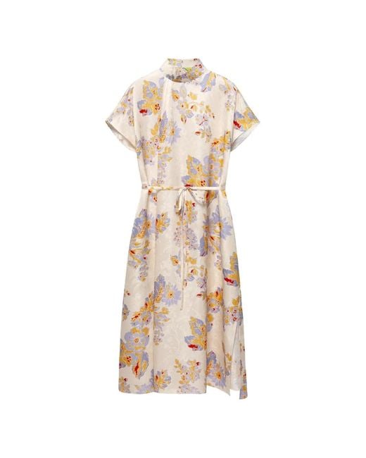 Shanghai Tang White Floral-Print Silk Midi Dress