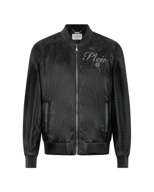 Philipp Plein Black Perforated Leather Bomber for men