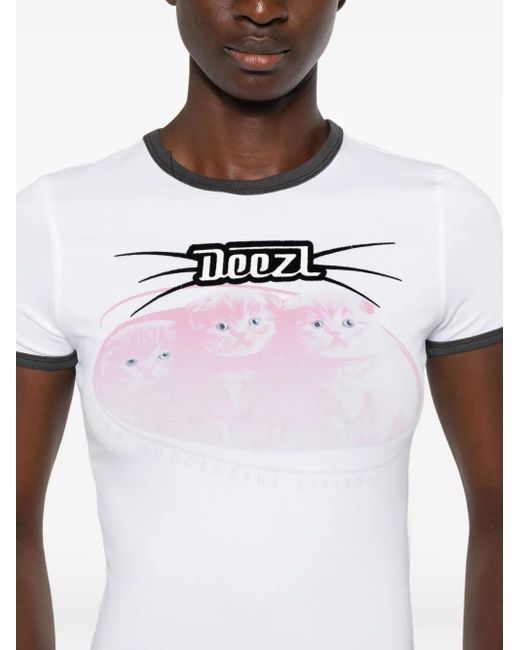 DIESEL Katoenen T-Shirt Met Grafische Kattenprint in het White