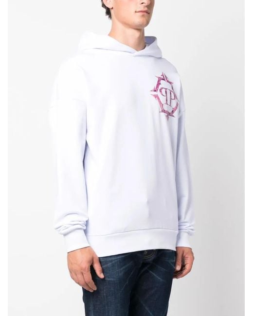 Philipp Plein White Chrome Logo-Print Cotton Hoodie for men