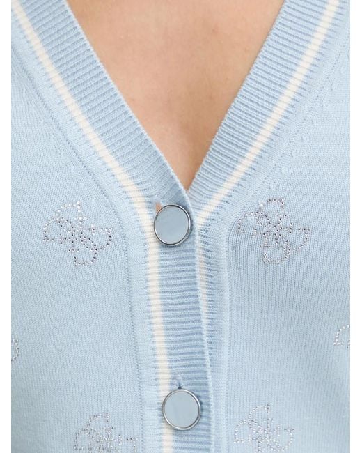 Guess Blue Cardigan À Motif De Logo Et Strass