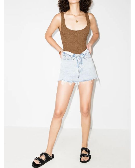 Hunza G Brown Square-Neck Crinkle-Effect Swimsuit