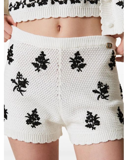 Twinset White Floral-Embroidered Knit Shorts