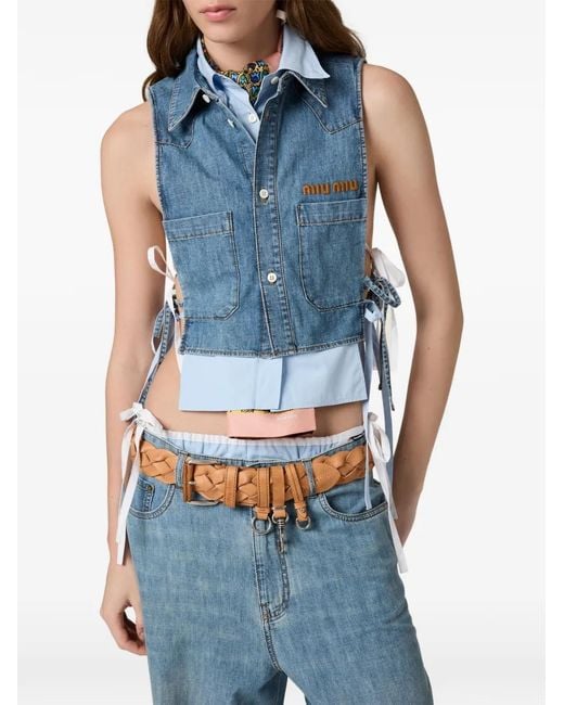 Miu Miu Blue Logo-Embroidered Side-Tie Shirt