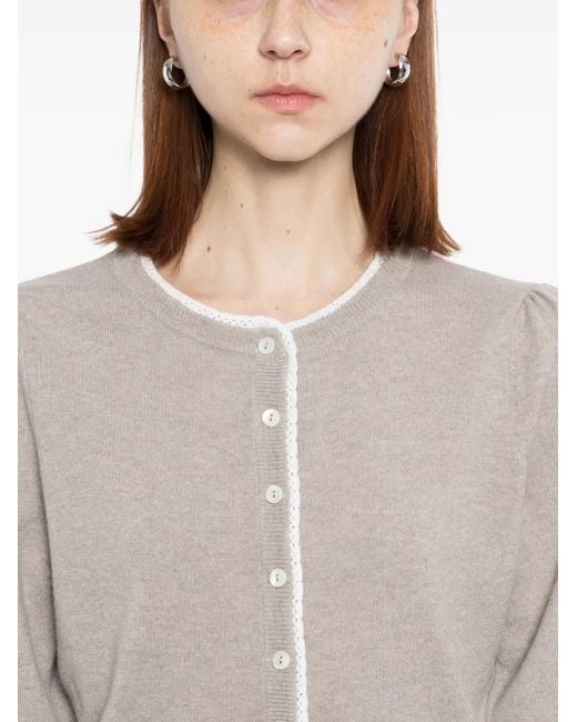 N.Peal Cashmere White Lace Trim Crew Neck Cardigan