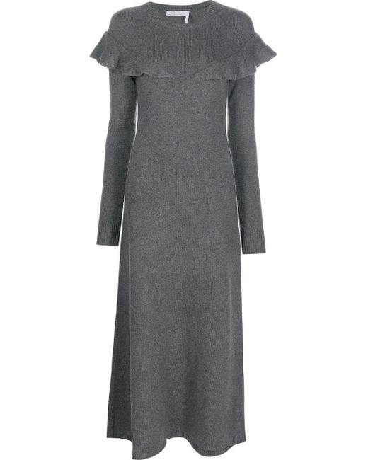 Chloé Gray Ruffle-detail Knitted Midi Dress