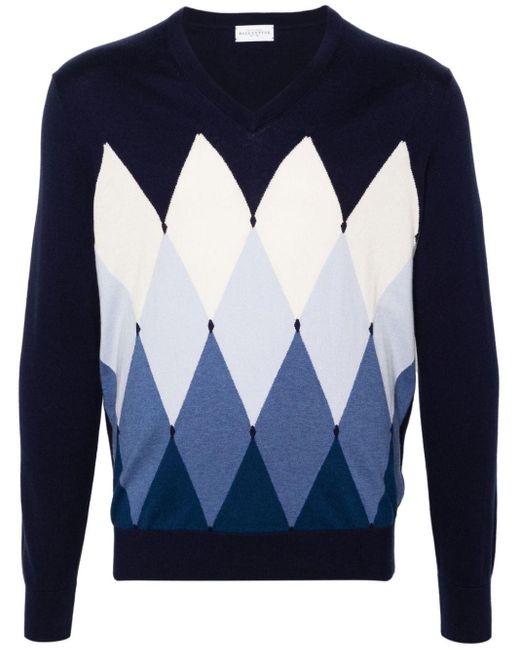 Ballantyne Blue V-neck Argyle-knit Jumper for men