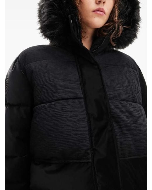 Desigual Black Faux-Fur-Trimmed Quilted Coat